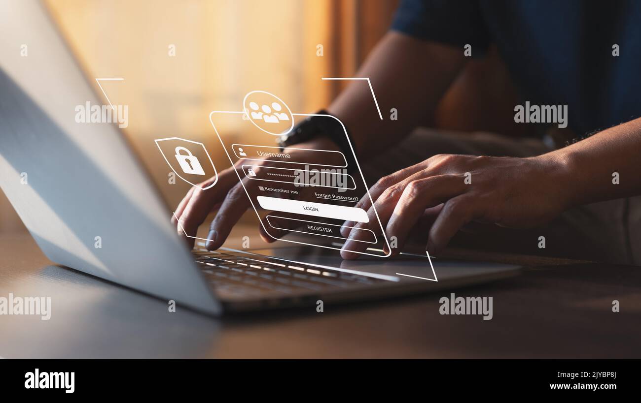 Per proteggere i dati, vengono utilizzate idee sulla sicurezza informatica e sulla privacy. Tecnologie di protezione della rete Internet e il simbolo di blocco. I dati personali sono protetti su la Foto Stock