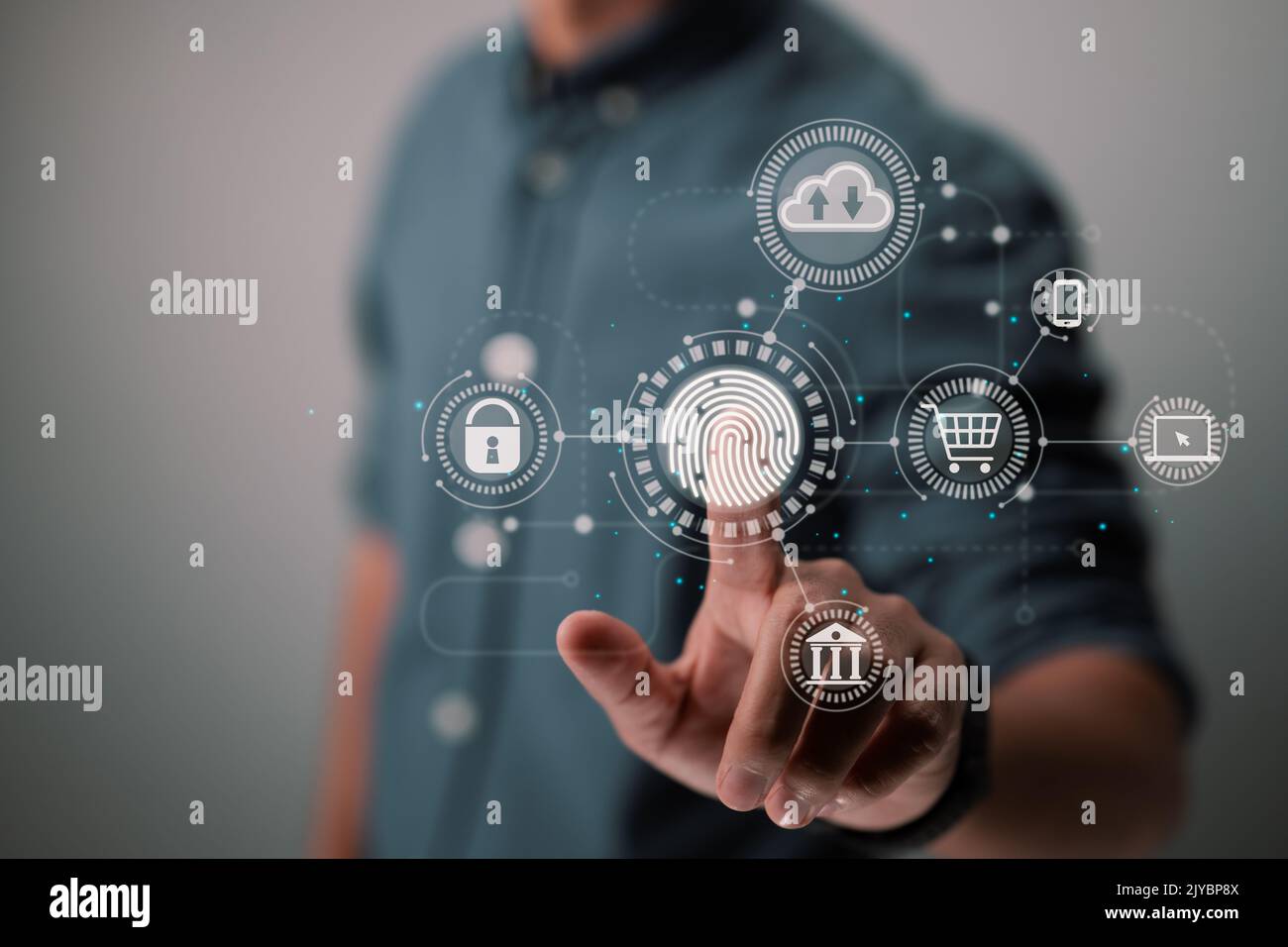 Le transazioni online, la scansione delle impronte digitali di un uomo d'affari, fornisce un'interfaccia sicura per la connessione di rete di servizi bancari per gli acquisti di pagamento e di cloud computing Foto Stock