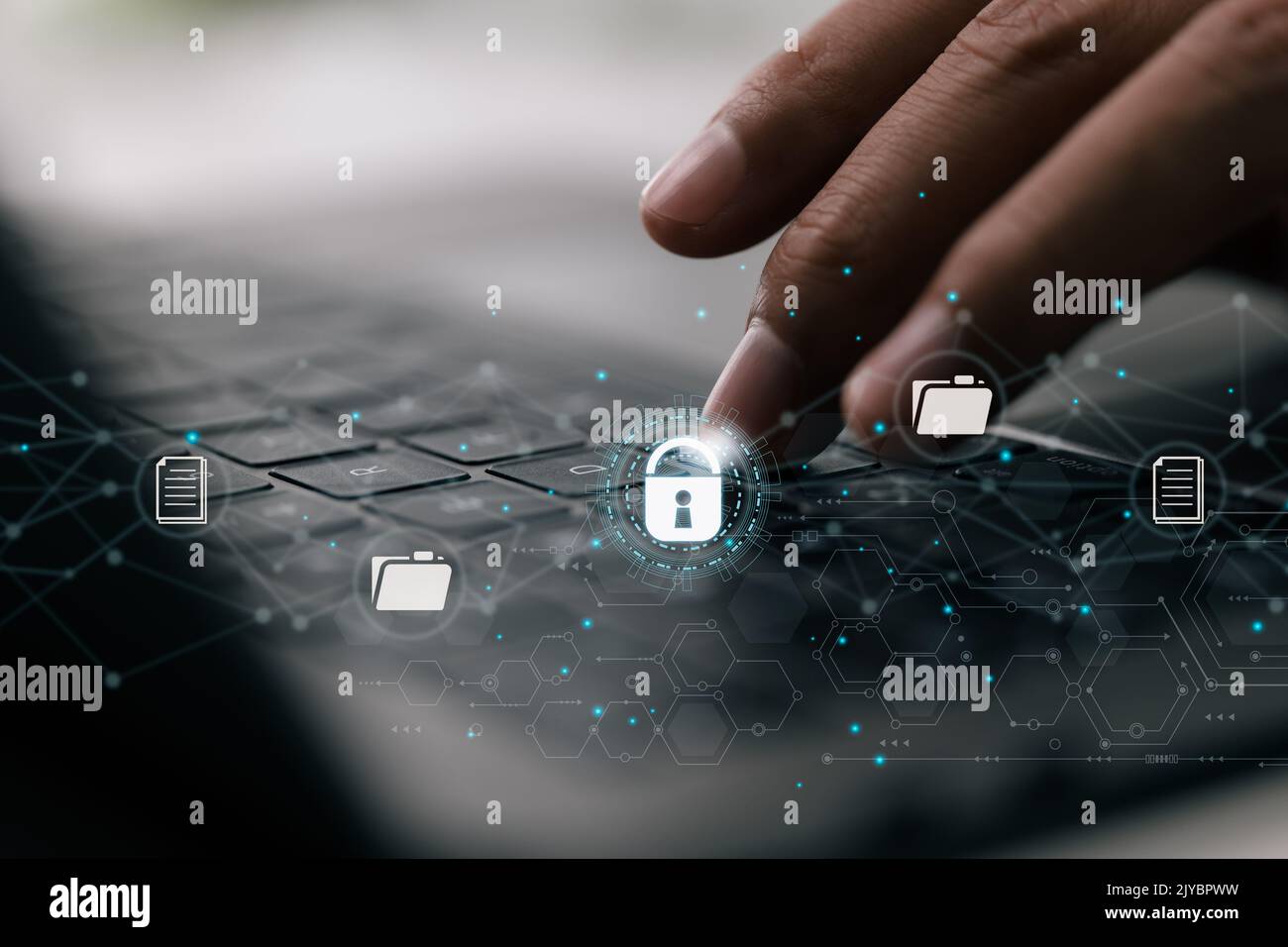 Sistema di gestione dei documenti (DMS). Crittografia dei dati e memorizzazione di file digitali in un database di documentazione online. Per visualizzare i file, accedere al cloud Foto Stock