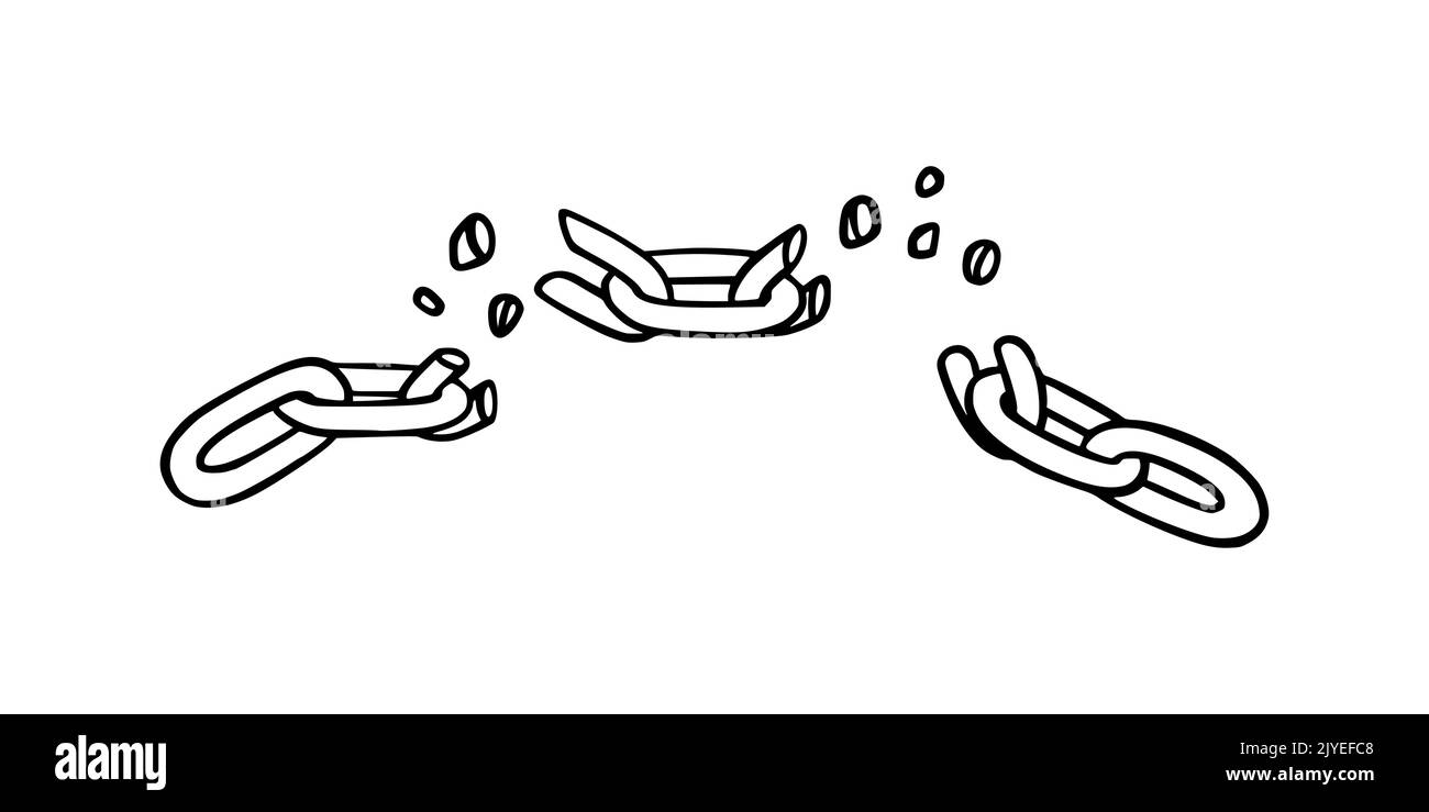 Catena rotta con frantumazioni come simbolo di debolezza e di fallimento. Schizzo delle catene metalliche. Illustrazione vettoriale isolata su sfondo bianco Illustrazione Vettoriale