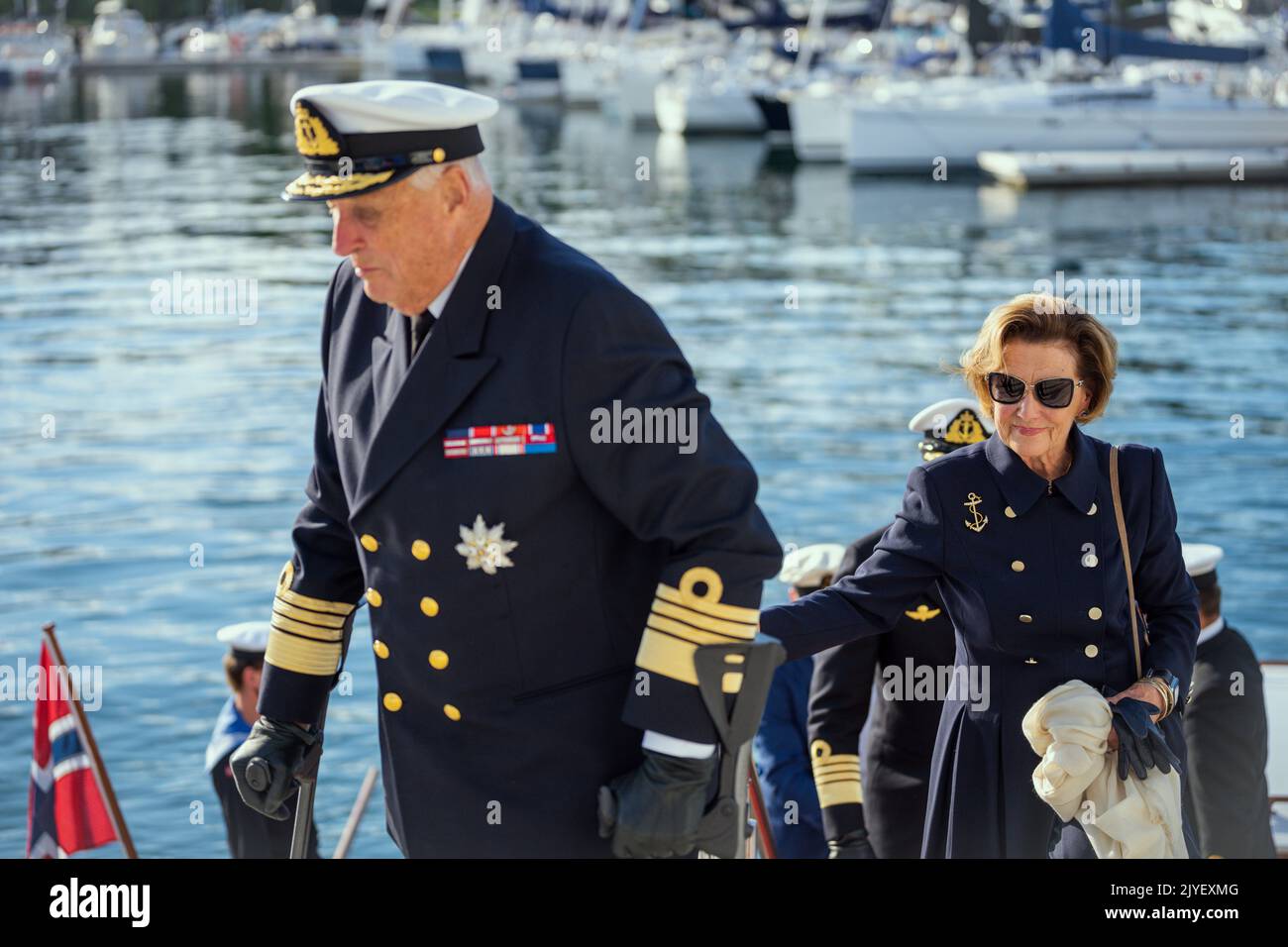 Oslo 20220907.King Harald sbarca la nave reale. La regina Sonja e il principe ereditario Haakon sono lì. Foto: Beate Oma Dahle / NTB Foto Stock
