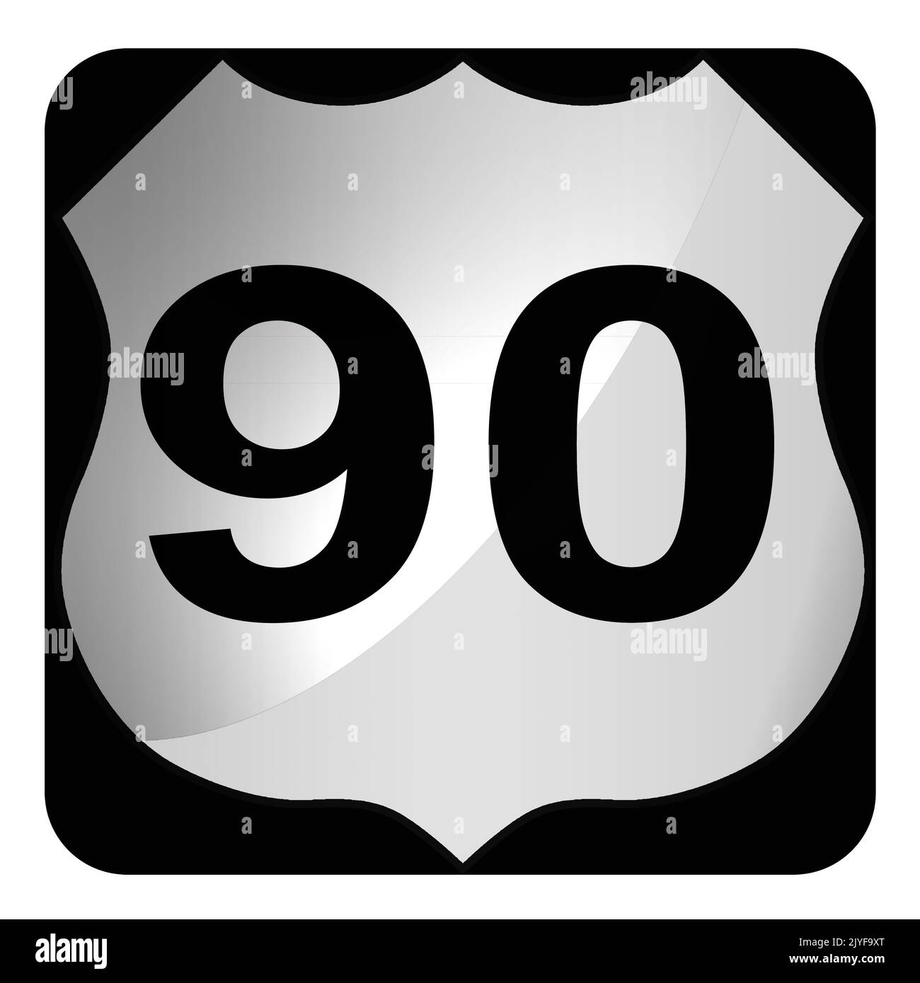 Cartello stradale bianco e nero con autostrada US 90 su sfondo bianco, rendering 3D Foto Stock