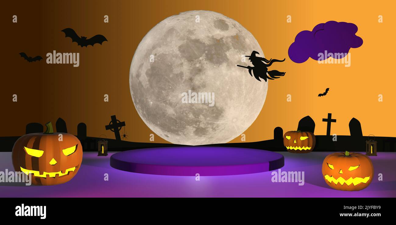 3D illustrazione di sfondo di Halloween illustrazione di sfondo di zucca di Halloween intagliata con luna piena strega tombstones ragni e pipistrelli Foto Stock