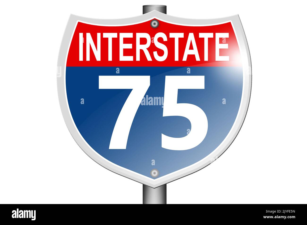 Interstate autostrada 75 segnaletica stradale isolato su sfondo bianco, 3D rendering Foto Stock