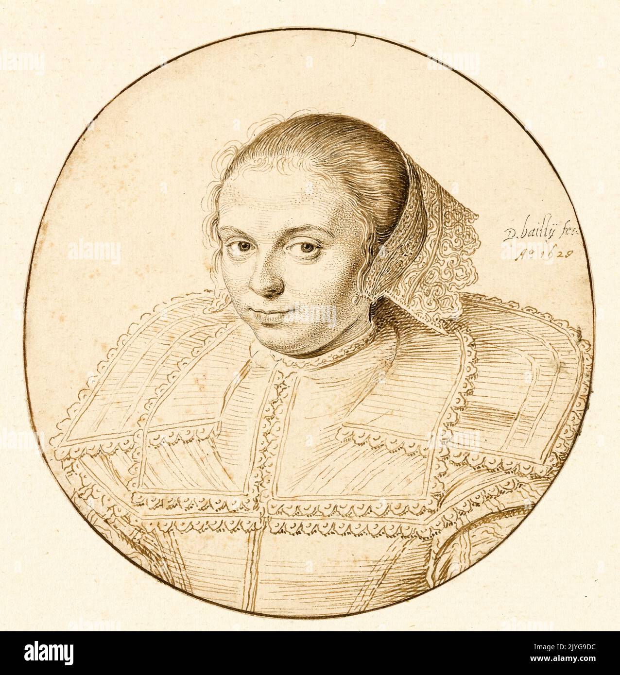 David Bailly, Ritratto di una donna, disegno in penna e inchiostro, 1629 Foto Stock