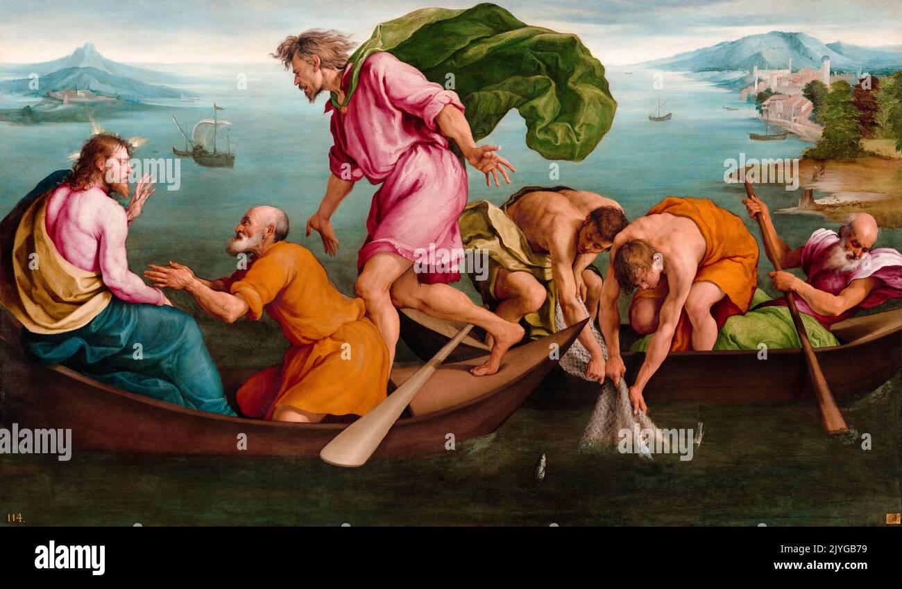 Il miracoloso pescaggio, dipinto in olio su tela di Jacopo Bassano, 1545 Foto Stock