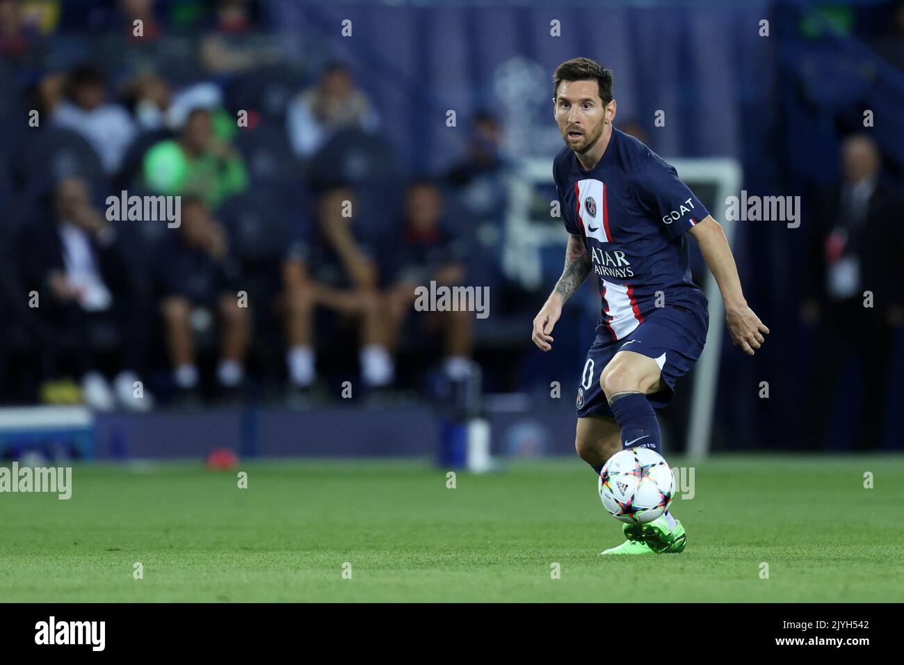 Lionel messi del Paris Saint-Germain FC in azione durante la partita UEFA Champions League Group H tra il Paris Saint Germain FC e il Juventus FC al Parc des Princes il 6 settembre 2022 a Parigi, Francia . Foto Stock