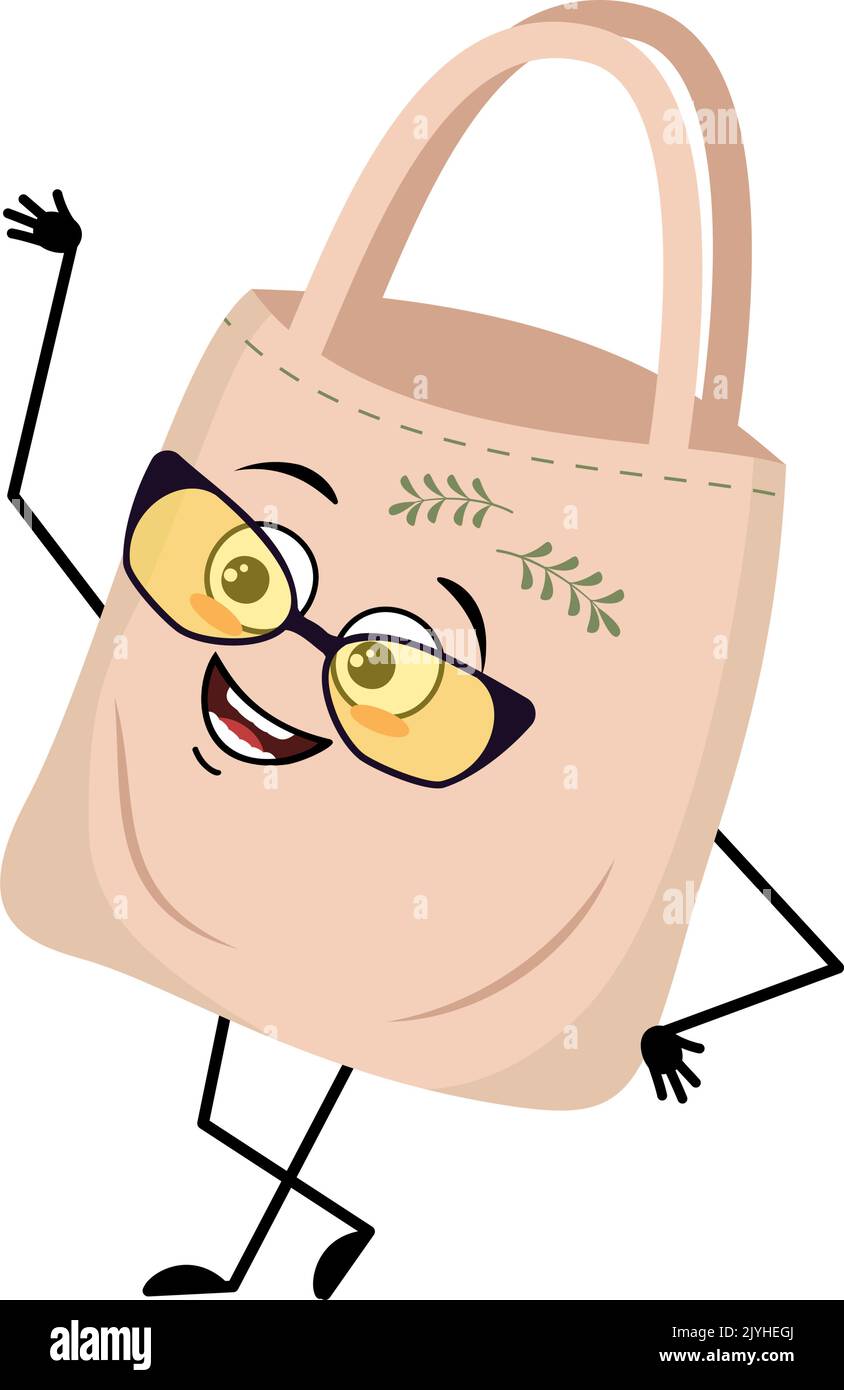 Carino personaggio borsa in tessuto con occhiali e felice emozione, viso, sorriso occhi, braccia e gambe. Shopper con faccia divertente, alternativa ecologica al sacchetto di plastica. Illustrazione piatta vettoriale Illustrazione Vettoriale