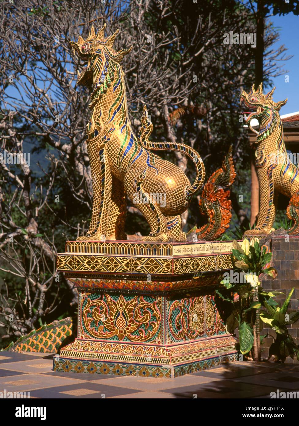Thailandia: singha decorativo (leone mitico), Wat Phrathat Doi Suthep, un tempio buddista Theravada situato sul Doi Suthep (montagna Suthep), che domina la città di Chiang mai. Il magnifico Chedi dorato, che risale al 16th ° secolo, offre superbe vedute attraverso la Valle di Chiang mai fino al fiume Ping. Re Mengrai fondò la città di Chiang mai (che significa 'nuova città') nel 1296, e successe a Chiang Rai come capitale del regno Lanna. Foto Stock