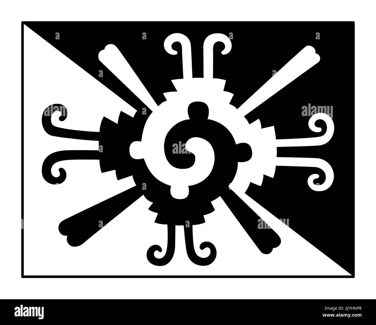 Mantello di acqua ragno, simbolo azteco e disegno rettangolare, utilizzato per un mantello rituale, mantello di tappi a labbro. Erroneamente considerato come simbolo Hunab Ku. Foto Stock