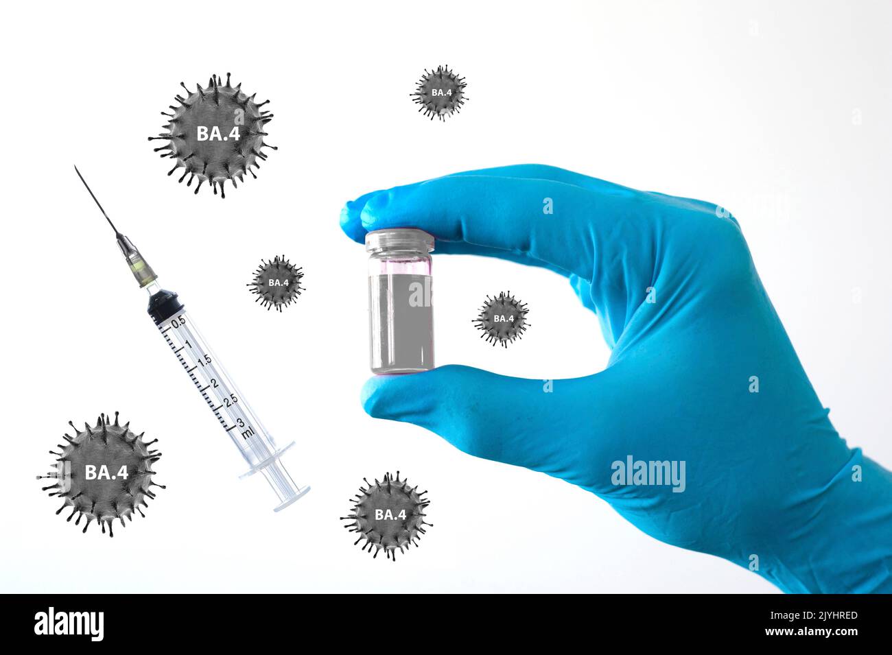 Indossare guanti in vetro con vaccino contro Corona, variante BS.4, ritaglio Foto Stock