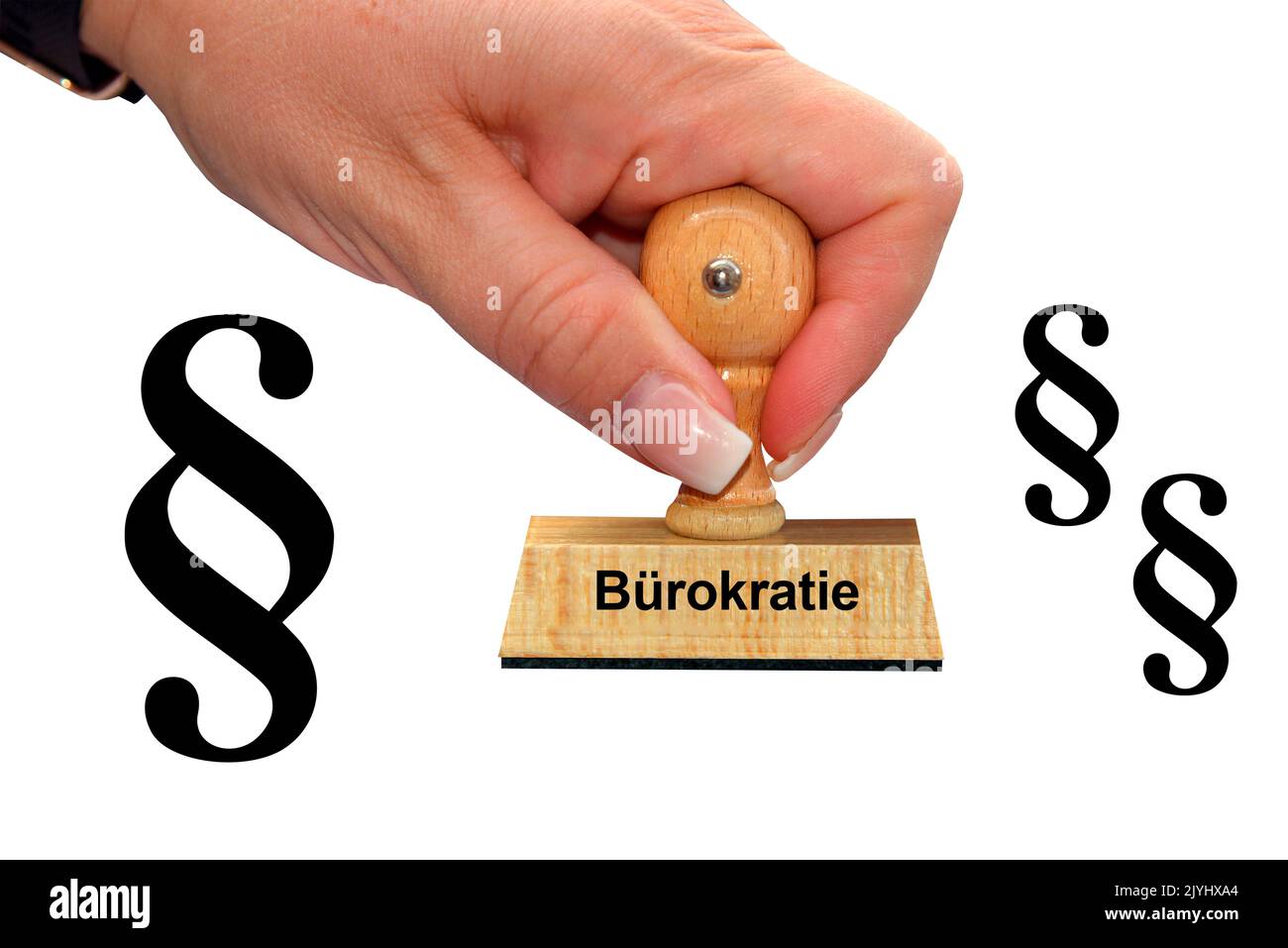 Mano della donna con la scritta del bollo Buerokratie, burocrazia, tagliato, Germania Foto Stock