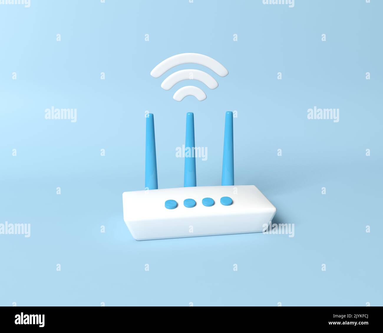 Router 3D moderno e minimalista con simbolo Wi-fi. Area hotspot Wi-Fi. Il concetto di modem wireless per 5G. Illustrazione del rendering 3D. Foto Stock