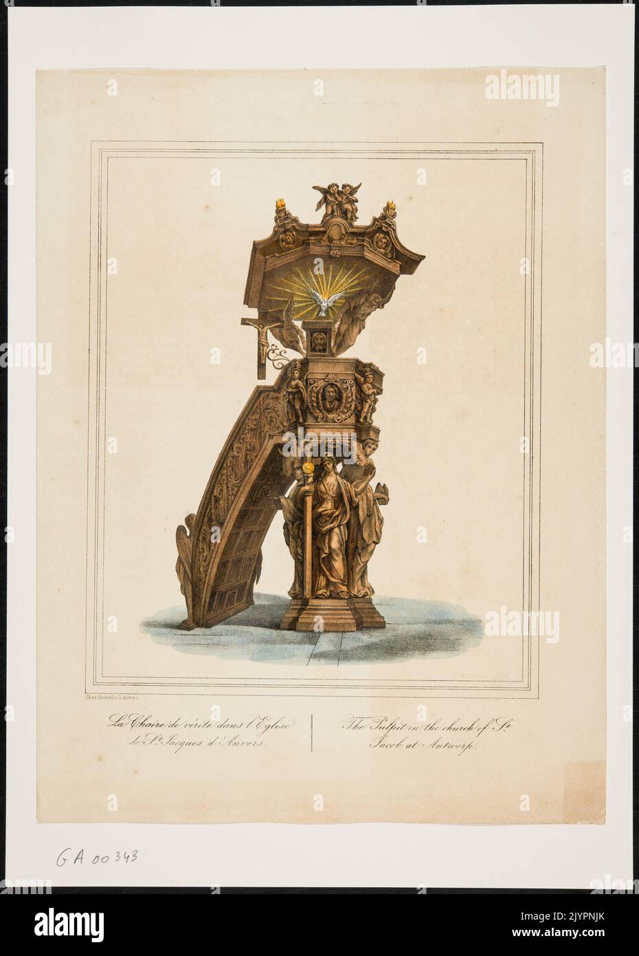 La Cattedra della verità, situata nella Chiesa di San Giacomo ad Anversa, è una cattedra storica tradizionalmente associata a funzioni religiose e giudiziarie. Si dice che simbolizzi la verità, la giustizia e l'autorità morale della Chiesa. Foto Stock