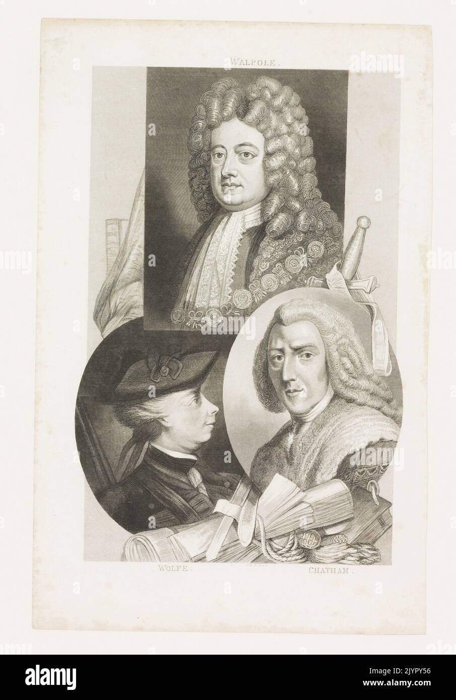 Gli individui indicati come Walpole, Wolfe e Chatham erano figure di spicco nella politica e nella storia militare britannica del XVIII secolo. Sir Robert Walpole fu il primo primo ministro della Gran Bretagna, mentre il generale James Wolfe è rinomato per la sua vittoria nella battaglia di Quebec. William Pitt il Vecchio, noto come Conte di Chatham, fu una figura chiave nella politica e nella strategia militare britannica durante la Guerra dei sette anni. Foto Stock