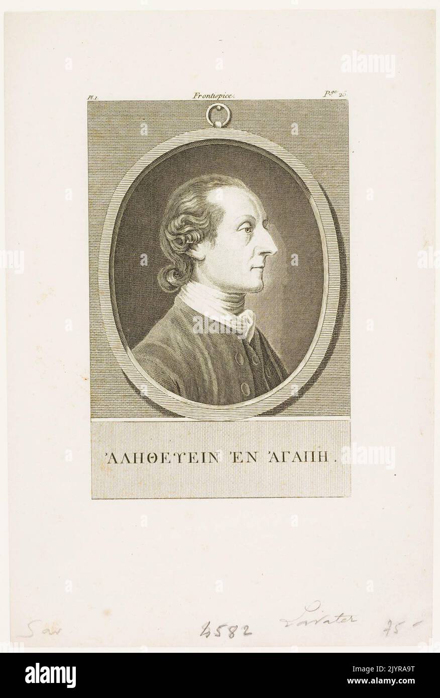 Johann Kaspar Lavater è stato un medico, teologo e scrittore svizzero, meglio conosciuto per il suo lavoro sulla fisiognomia, lo studio delle caratteristiche facciali e la loro relazione con i tratti della personalità. Le teorie di Lavater contribuirono alla comprensione del comportamento umano nel XVIII secolo. Foto Stock