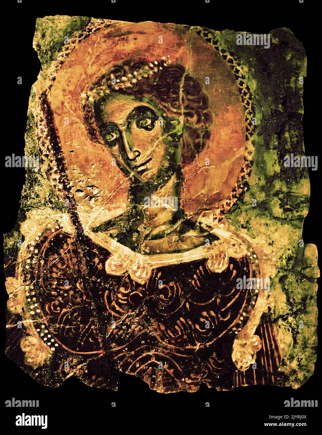 Frammento di un dipinto murale, raffigurante una Santa influenze occidentali, Museo bizantino e cristiano ad Atene, ( Pyrgos, Eubea, chiesa di San Nicola 13th ° secolo .) Foto Stock