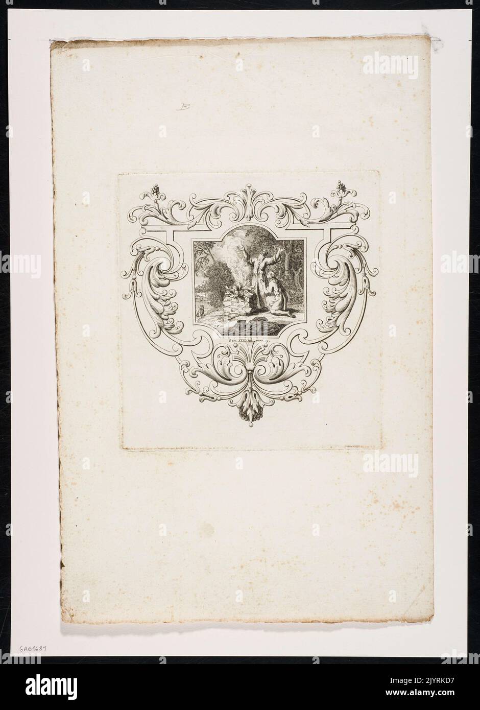 Una scena biblica raffigurata in un cartiglio, incorniciata da viti decorative in foglia. Questo motivo artistico si trova comunemente nell'arte barocca e rinascimentale, dove i temi religiosi sono circondati da confini ornati, migliorando l'impatto visivo e concentrando l'attenzione sulle figure centrali o sulla narrazione. Foto Stock