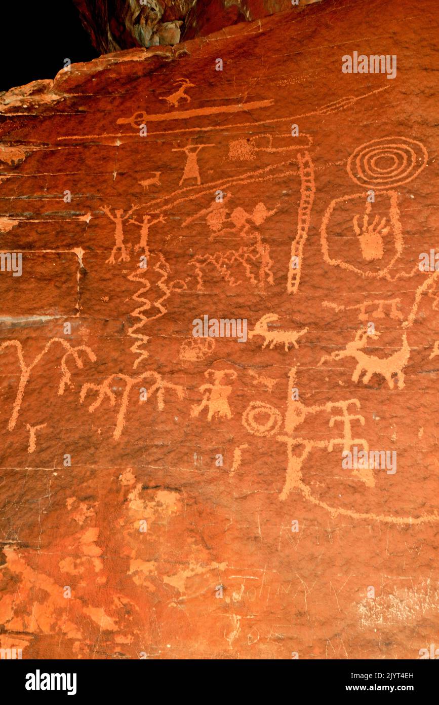 Petroglifi. Con un 'Atlala' (Spearthrower) probabilmente 'gente di gesso '. Tra 2000B.c. -200A.D. Valle di fuoco Nevada. Foto Stock