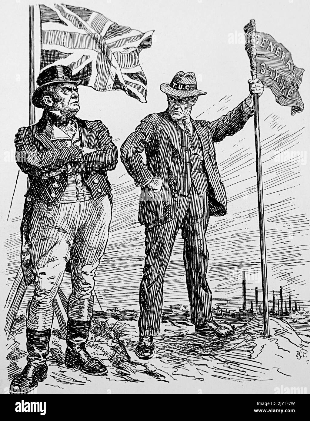 Cartoon raffigurante John Bull che rappresenta l'establishment britannico in piedi contro Walter Citrine, la minaccia dei sindacati socialisti scioperi, durante lo Sciopero generale del 1926. Datato 20th ° secolo Foto Stock