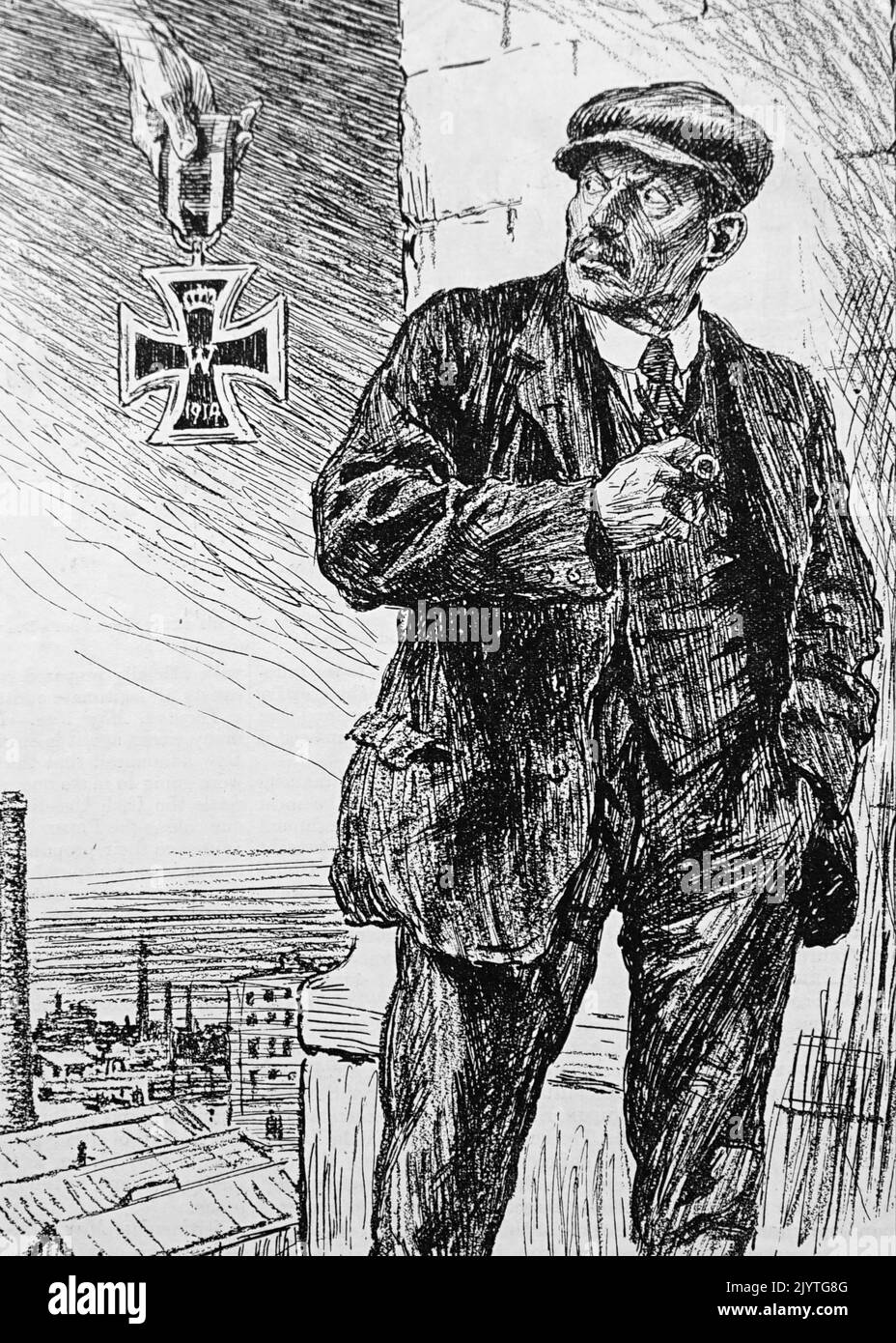 Illustrazione raffigurante un lavoratore che ha offerto una medaglia per il suo servizio di guerra durante la prima guerra mondiale. Datato 20th ° secolo Foto Stock