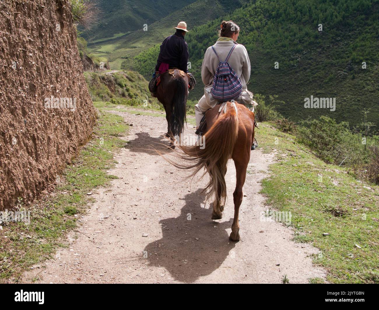 Escursione a cavallo su un pony per turisti occidentali ed europei, turisti e visitatori dati da cavaliere tibetano / uomo / etnie del Tibet, residenti o locali all'antica città cinese murata di Songpan, nella provincia settentrionale del Sichuan, Cina. (126) Foto Stock