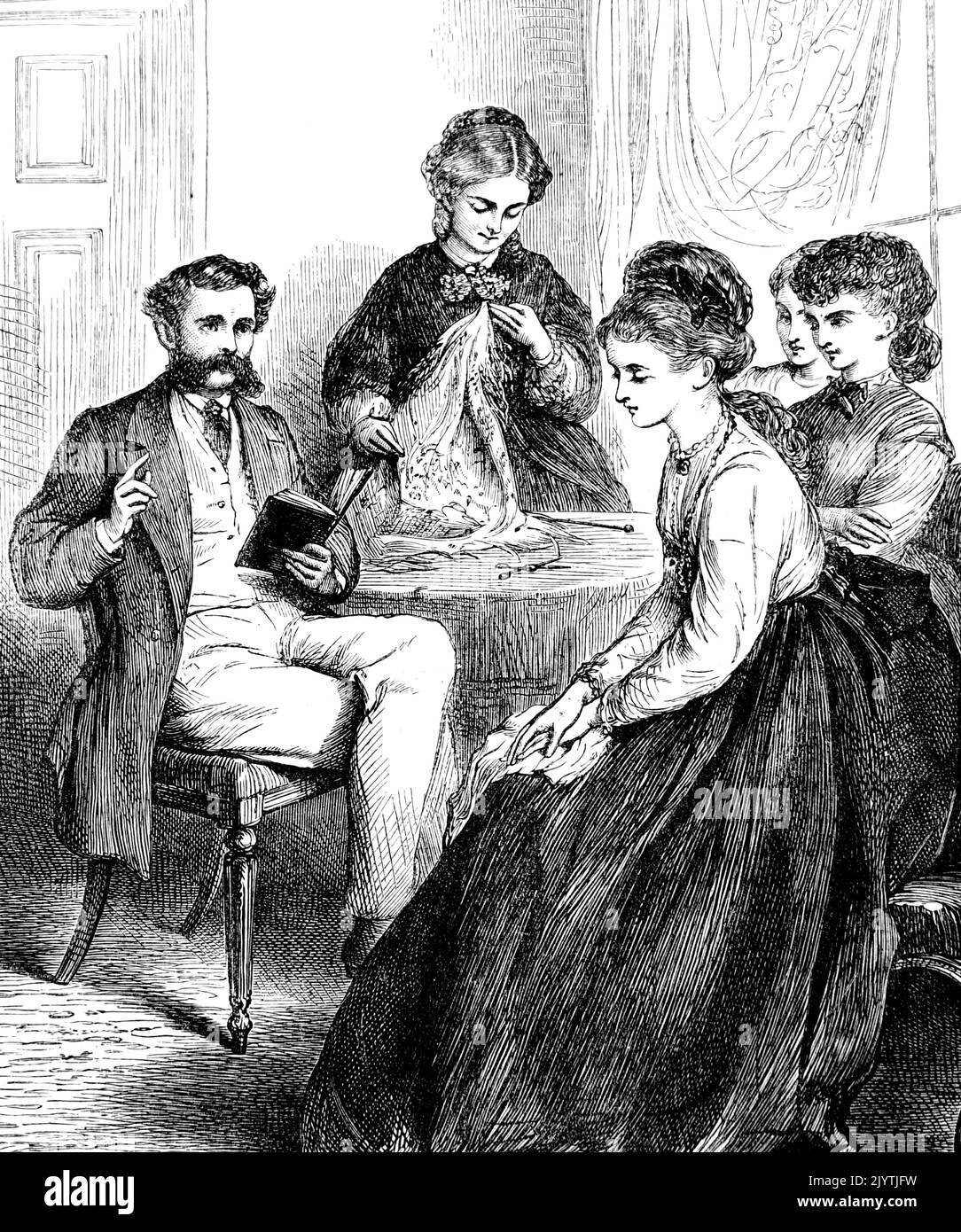 Illustrazione raffigurante un pretendente con gli occhi per una sola sorella. Datato 19th ° secolo Foto Stock