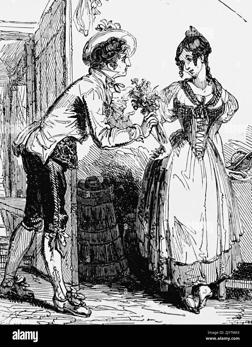 Illustrazione raffigurante un amante che porta i suoi fiori innamorati. Datato 19th ° secolo Foto Stock