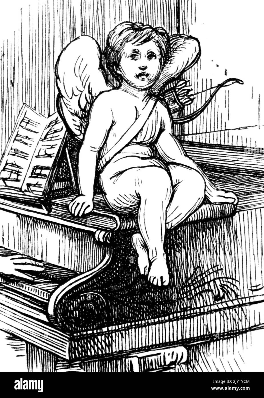Incisione raffigurante un Cupido arroccato su un piano. Datato 19th ° secolo Foto Stock