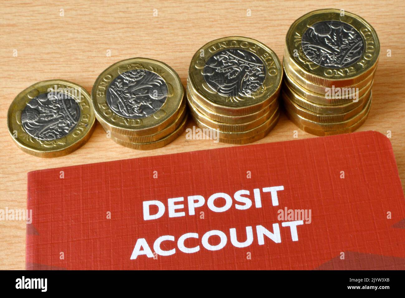 Monete britanniche da una libbra con la copertina di un libro di risparmio. Nessuna gente. Foto Stock