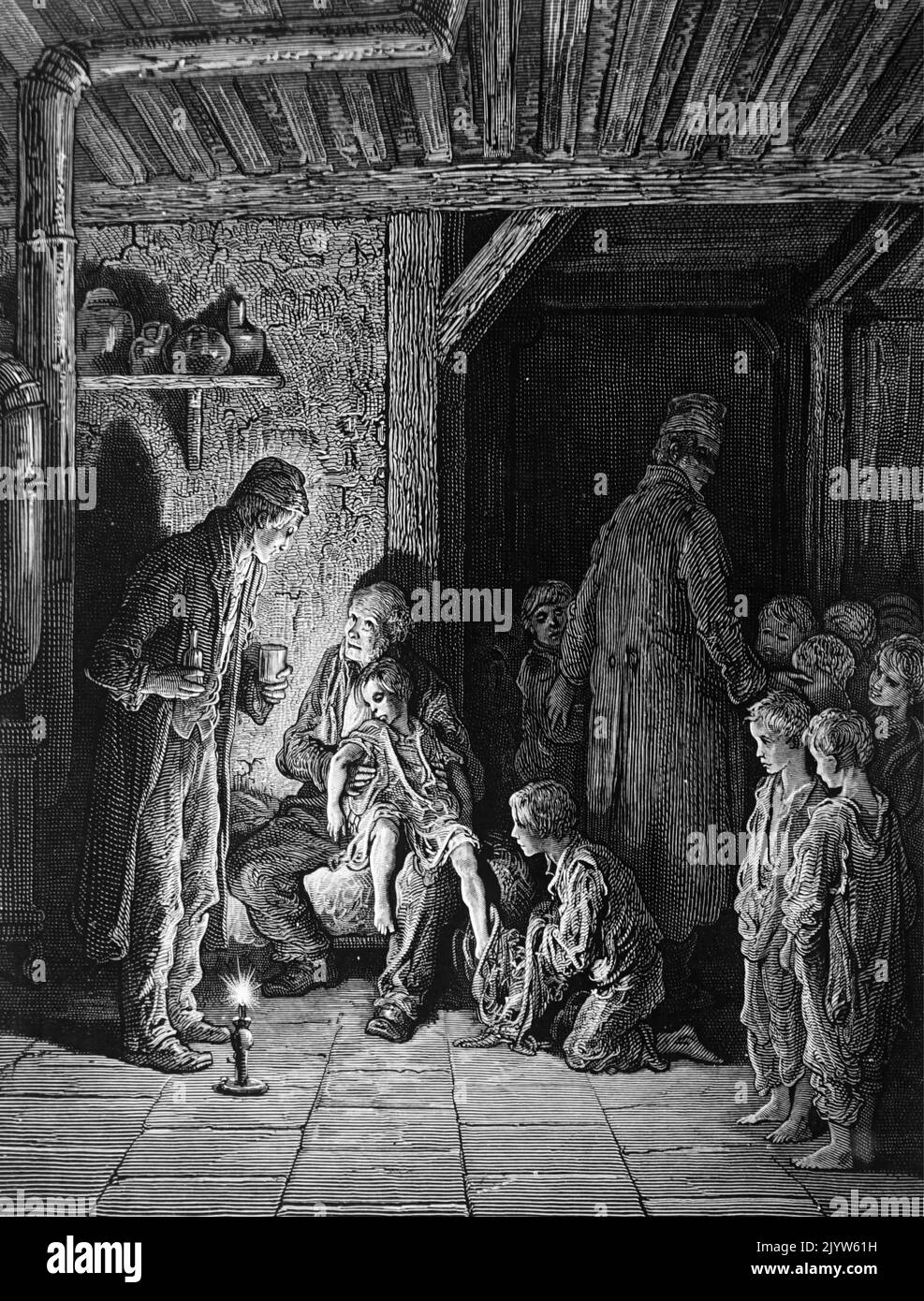 Illustrazione raffigurante la cura di bambini freddi e affamati in un rifugio notturno per bambini di Londra. Datato 19th ° secolo Foto Stock