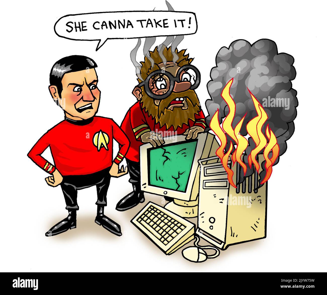 Divertente concept art di un vecchio computer in fiamme con lo Scotty di Star Trek che dice "lui canna prendere!" Riferimento all'impossibilità del vecchio PC di eseguire nuovo software. Foto Stock