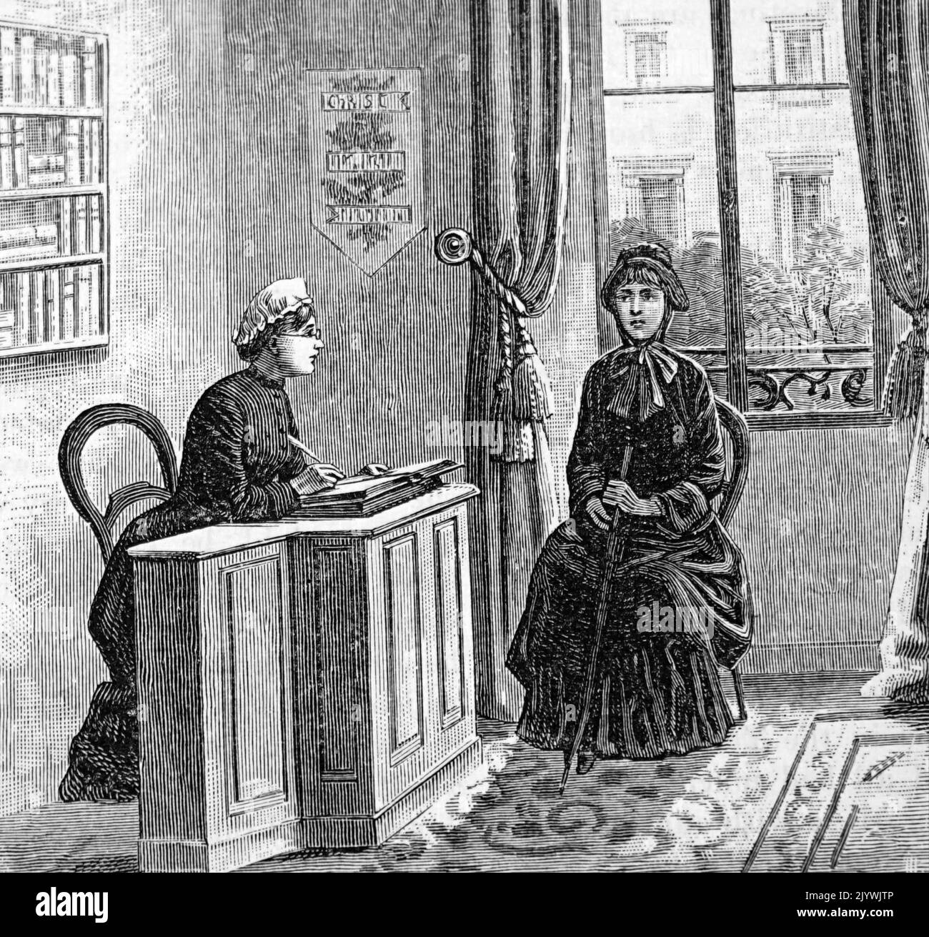 Illustrazione raffigurante una giovane cameriera che prende appunti per il suo datore di lavoro. Datato 19th ° secolo Foto Stock