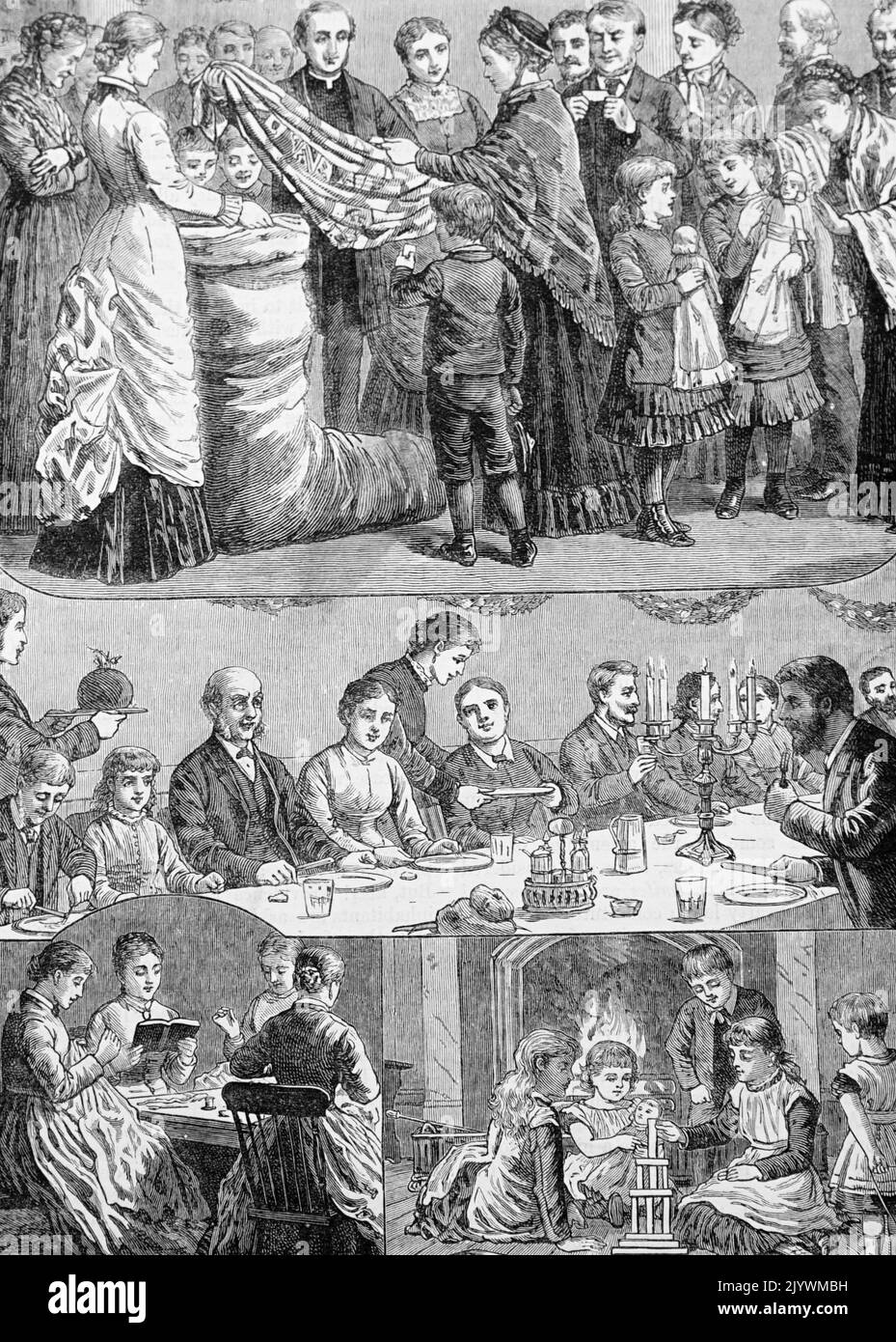 Illustrazione che mostra come le famiglie differenti celebrano il Natale. Datato 19th ° secolo Foto Stock