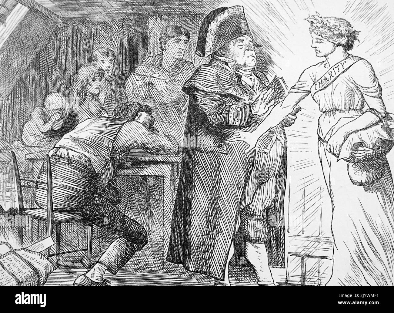 Un cartone animato raffigurante la carità ha spazzato via le proteste di Brumble per la sua determinazione a portare soccorso alle famiglie povere in difficoltà. Illustrato da John Tenniel (1820-1914) un illustratore inglese, grafico umorista e cartoonista politico. Datato 19th ° secolo Foto Stock