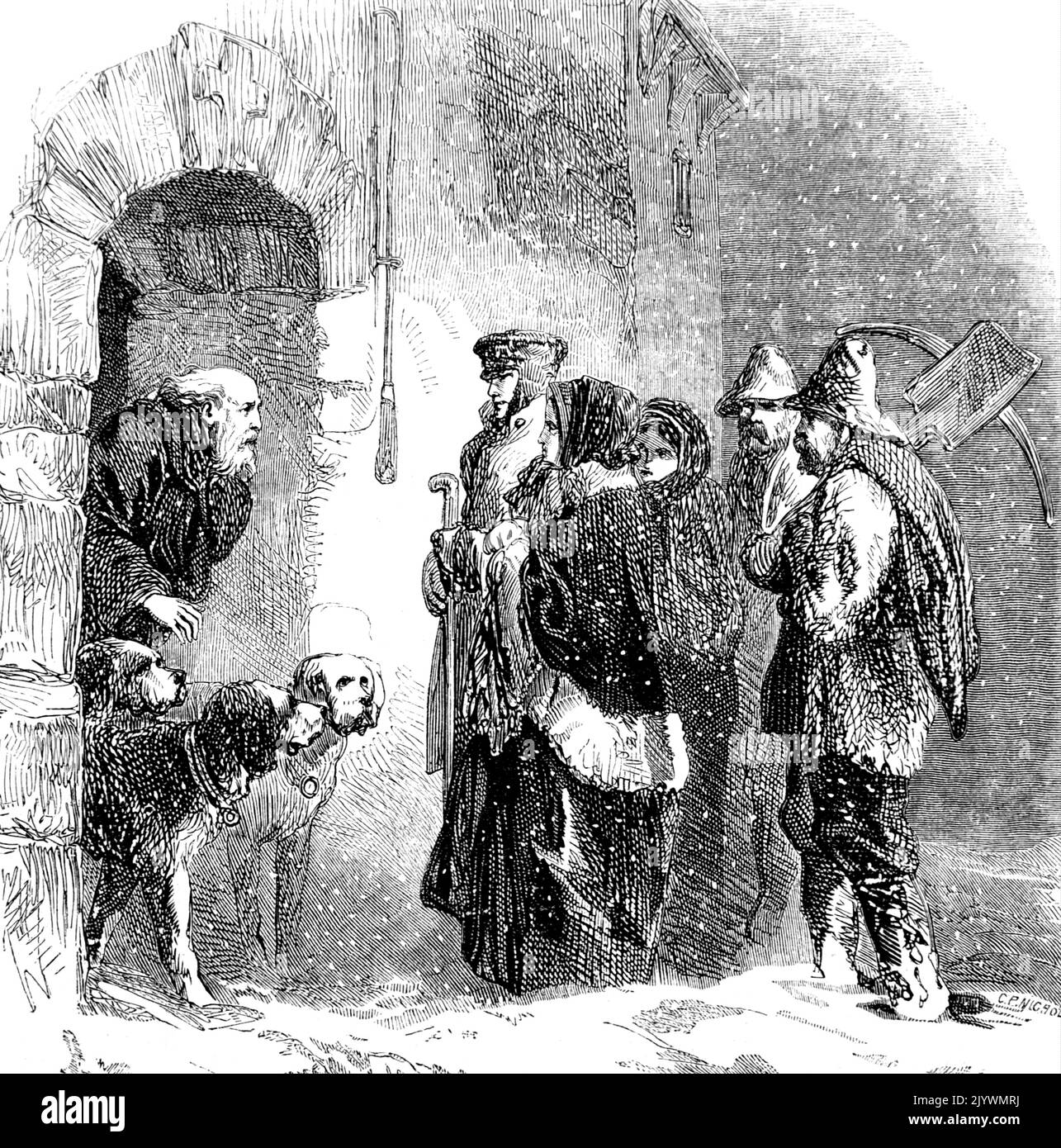 Illustrazione raffigurante una scena al di fuori dell'Ospizio di San Bernardo, dove i viaggiatori chiedono rifugio. Datato 19th ° secolo Foto Stock