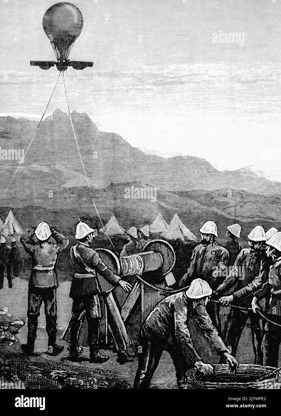 Illustrazione raffigurante truppe britanniche che galleggiano una mongolfiera di osservazione. Datato 19th ° secolo Foto Stock