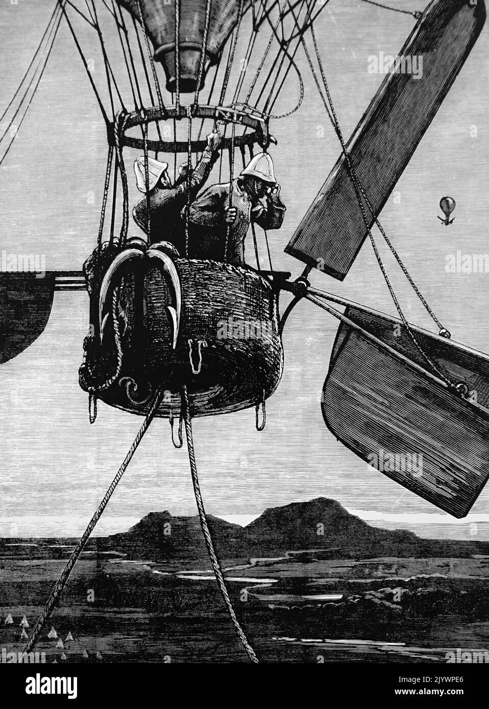 Illustrazione raffigurante l'esercito britannico utilizzando il pallone prigioniero di Henry Coxwell. Henry Coxwell (1819-1900) è un aeronauta inglese. Datato 19th ° secolo Foto Stock