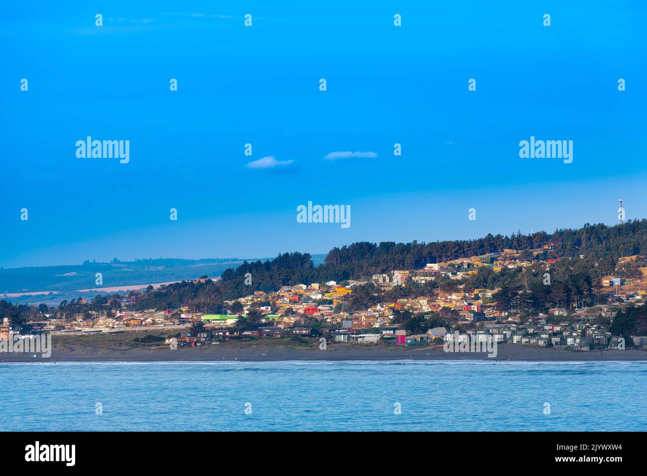 Vista della città di Pichilemu Beach, VI Regione, Cile Foto Stock