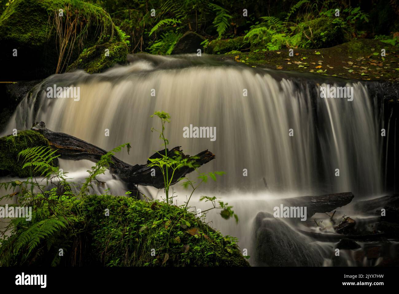 Cascata sotto la porta d'acqua nei pressi della città di Vyssi Brod in estate nuvoloso fresco giorno Foto Stock