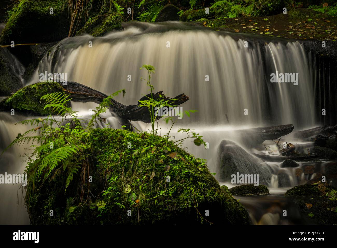 Cascata sotto la porta d'acqua nei pressi della città di Vyssi Brod in estate nuvoloso fresco giorno Foto Stock
