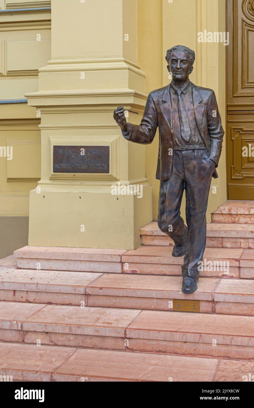 Szeged, Ungheria - 30 luglio 2022: Statua bronzea di Szent Gyorgyi Albert Hungarian Biochemist Nobel Prize Winner a Stairs of University Building. Foto Stock