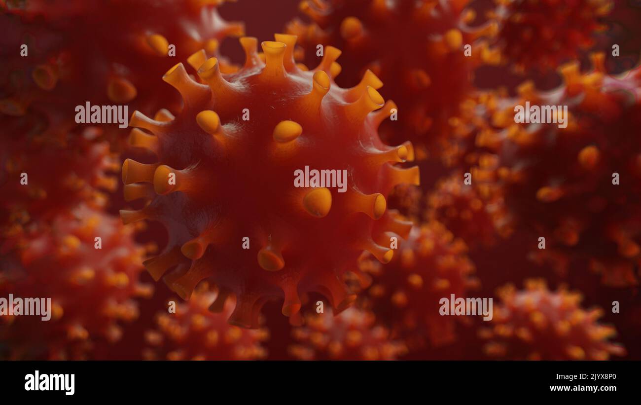 Sfondo rosso Virus. Illustrazione dell'infezione da Coronavirus. Foto Stock