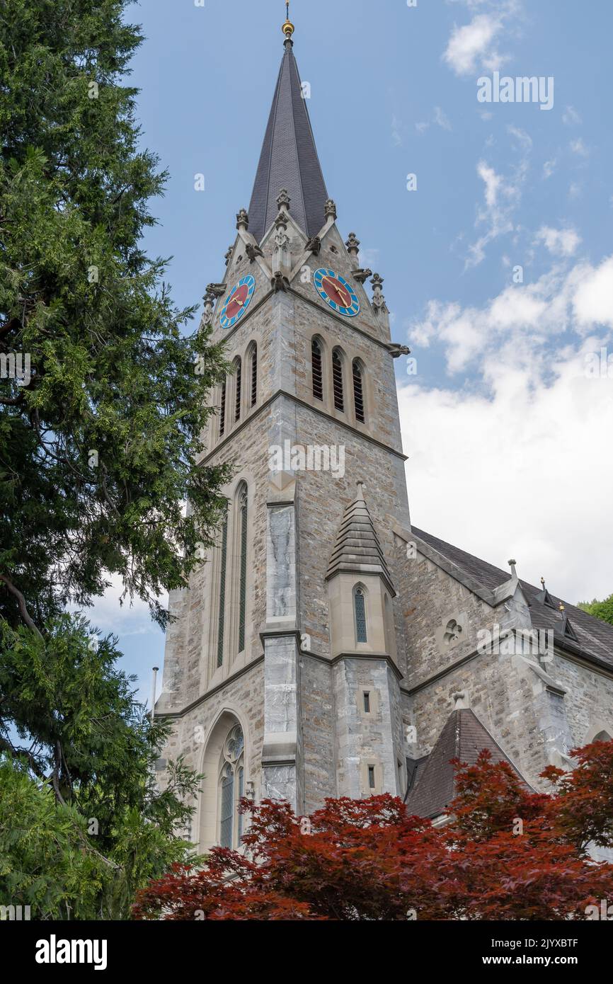 Vaduz, Liechtenstein, 15 giugno 2022 storica cattedrale di Saint Florin in una giornata di sole Foto Stock