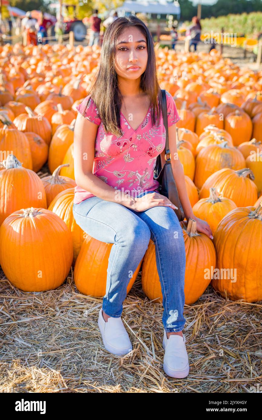 Ritratto di festa di Autunno di una giovane donna asiatica seduta in un campo di Pumpkins Foto Stock