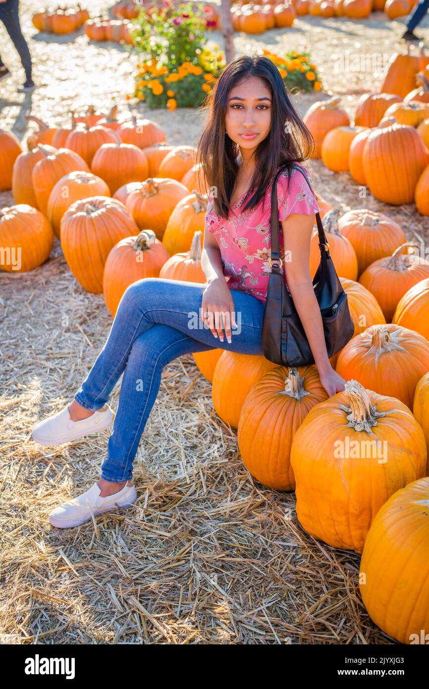 Ritratto di festa di Autunno di una giovane donna asiatica seduta in un campo di Pumpkins Foto Stock