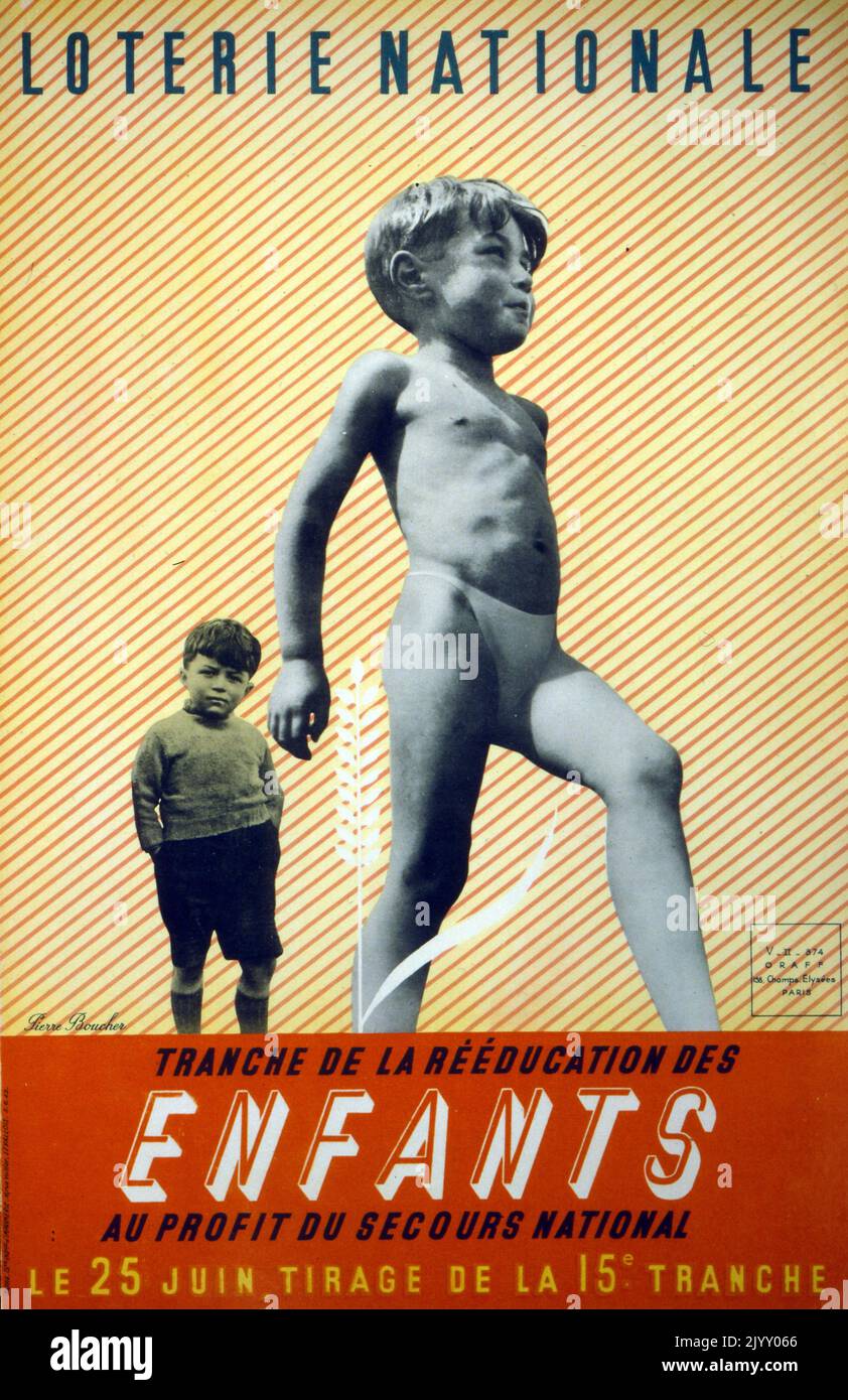 Poster francese "Lotteria Nazionale" 1945. 5highlighting una campagna per finanziare la rieducazione dei bambini dopo la devastazione della seconda guerra mondiale e l'occupazione della Francia. Foto Stock