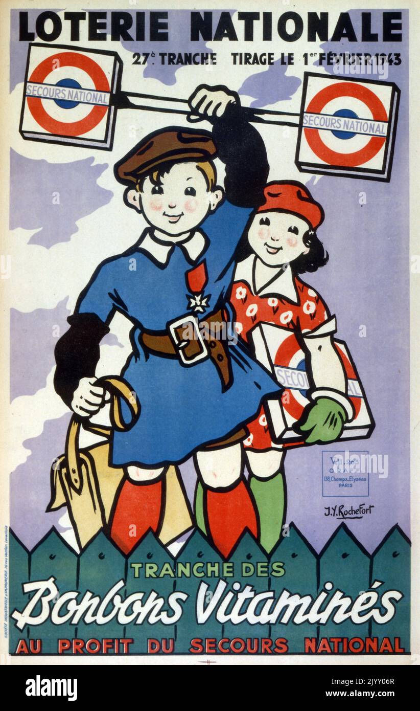 Poster francese "Lotteria Nazionale" 1945. Che mette in evidenza una campagna per finanziare integratori vitaminici, dopo la devastazione della seconda guerra mondiale e l'occupazione della Francia. Foto Stock
