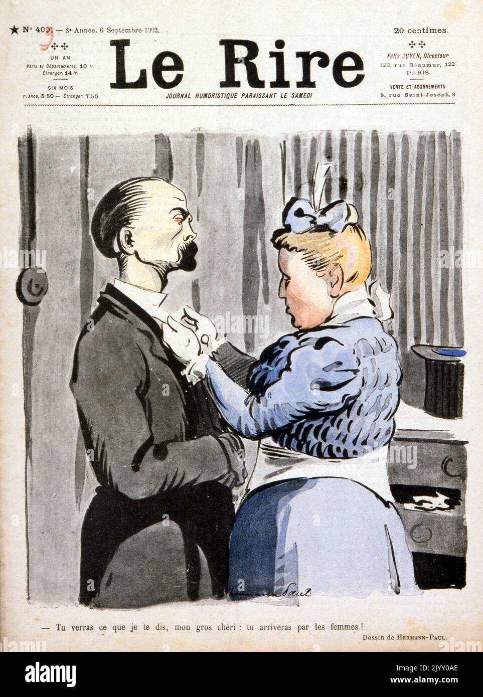 Illustrazione di caricatura che raffigura una donna che raddrizza il suo legame dei mariti mentre aspettano per ricevere le raffiche della cena. Rivista 'le Rire' 1902 Foto Stock