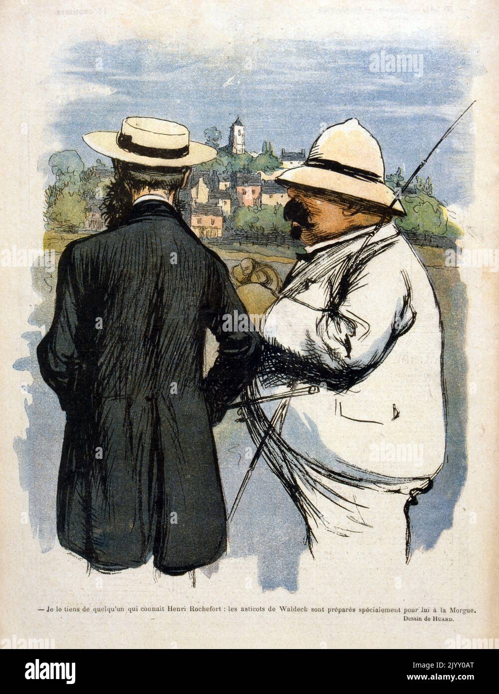 Illustrazione della caricatura raffigurante Victor Henri Rochefort (a sinistra) e Pierre Marie Rene Waldeck-Rousseau (a destra). Protagonisti della vicenda Dreyfus. Waldeck-Rousseau fu l'iniziatore del perdono di Alfred Dreyfus nel 1899 e Rochefort fu un avversario di Dreyfus. Rivista 'le Rire' 1902. Foto Stock